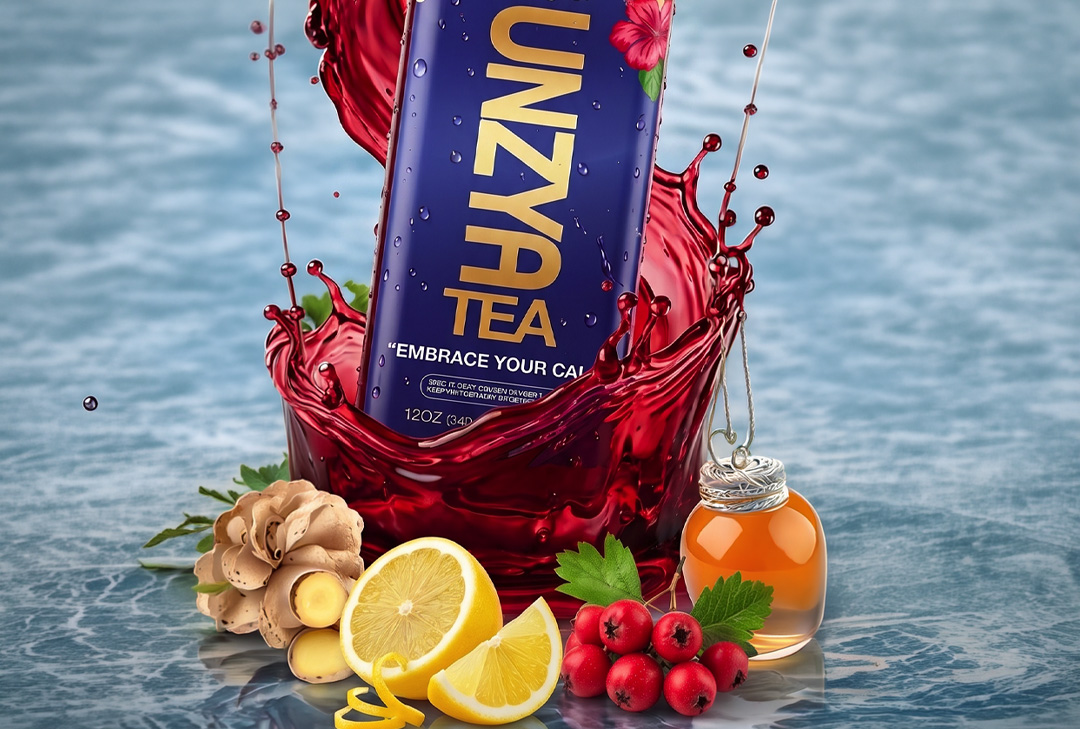 Unzya Tea 12 oz bottle surrounded by a splash of hibiscus, lemon, ginger, honey and berries
