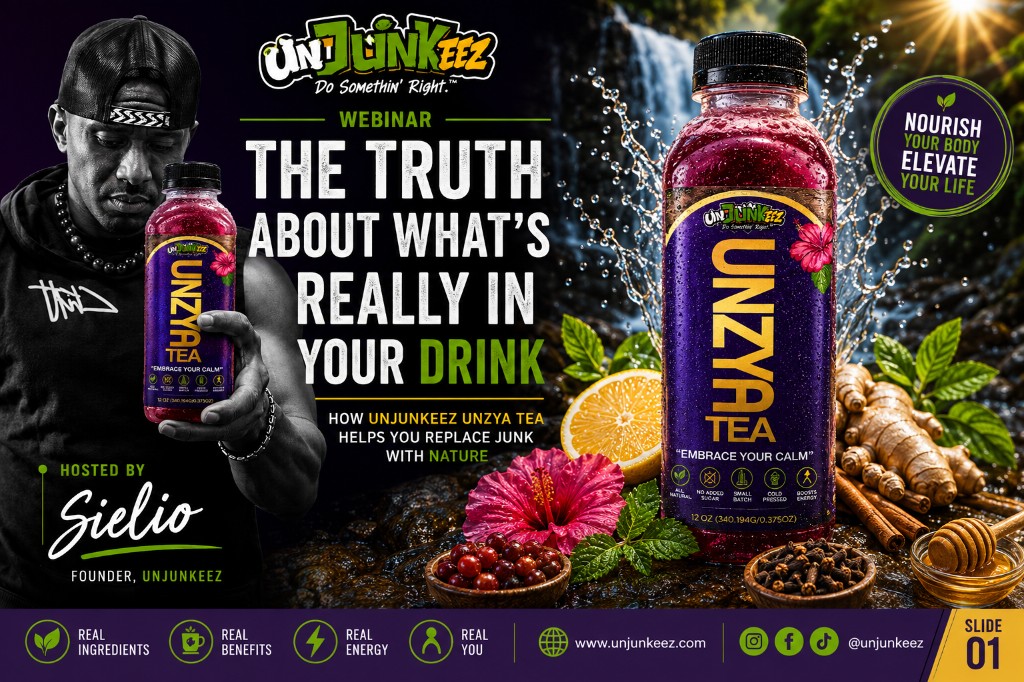 Sielio Butler, founder of UnJunkEEz, with Unzya Tea and fresh ingredients