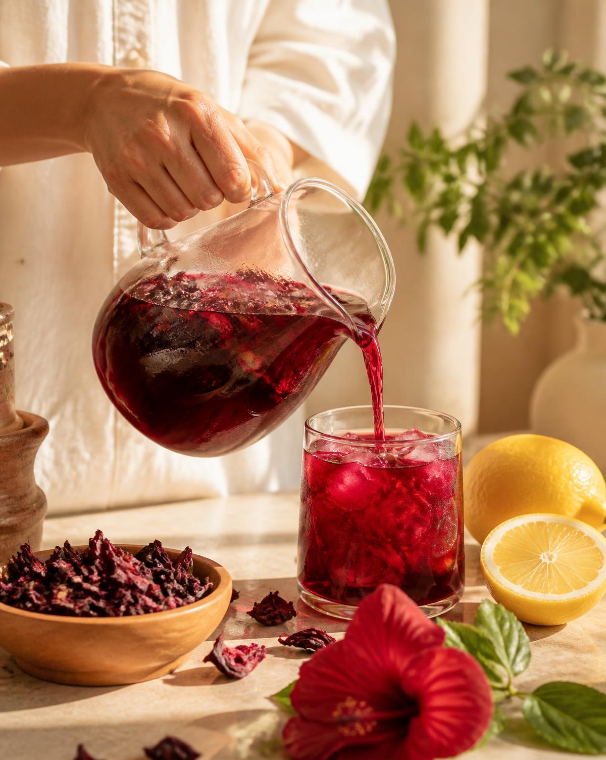 Pouring deep red hibiscus herbal tea over ice in a sunlit kitchen