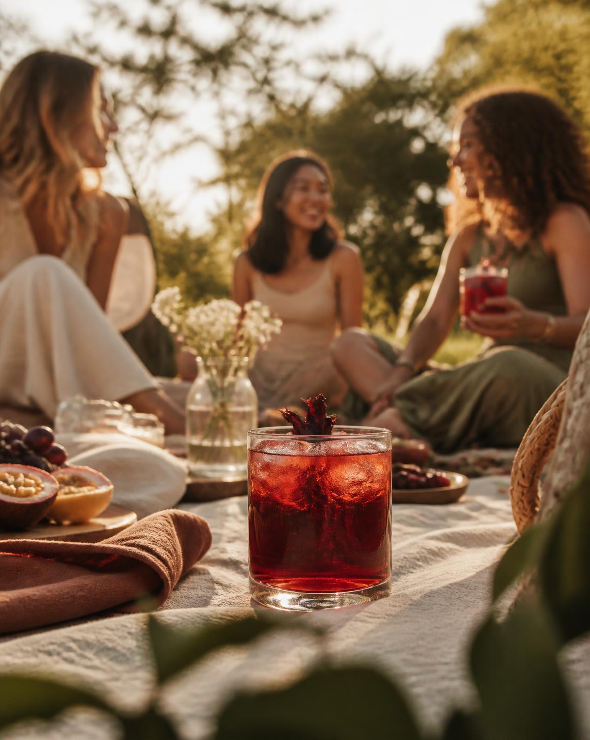 Friends sharing herbal iced tea outdoors at golden hour